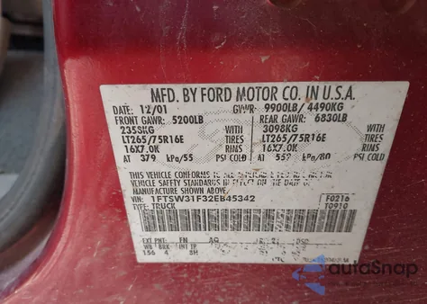 2002 Ford F-350 Lariat/Xl/Xlt из США, поврежденный, VIN 1FTSW31F32EB45342